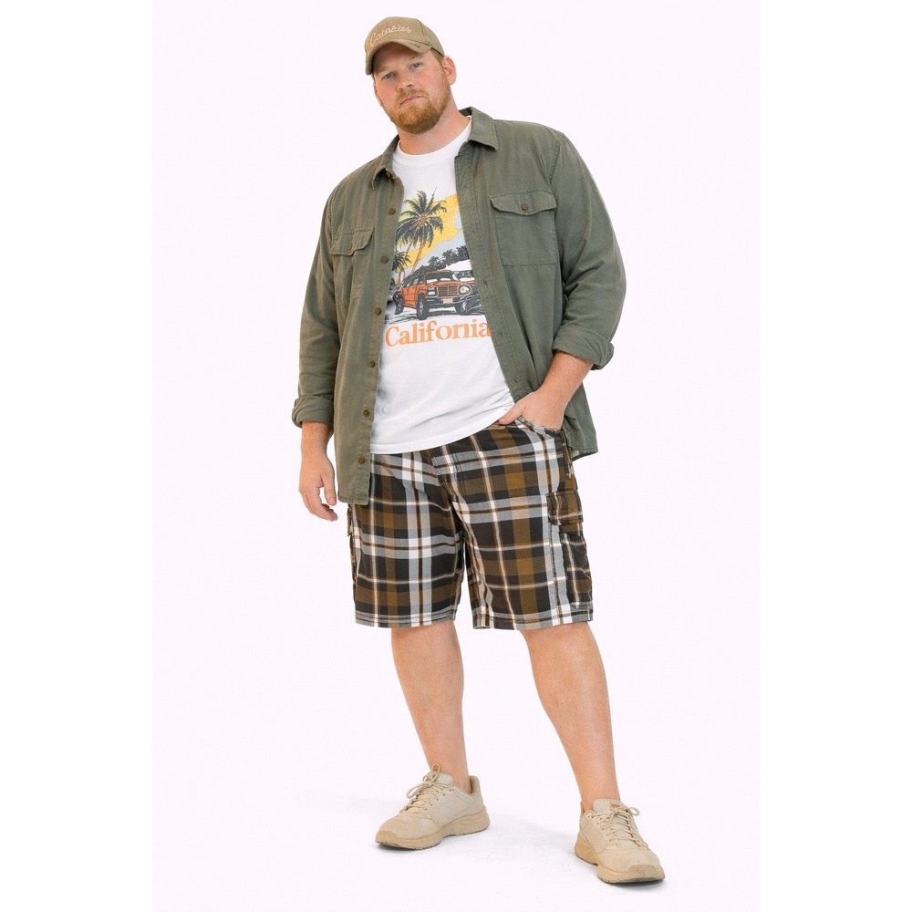 Pro Team Cargo Shorts Mens Size M Brown Plaid Heavyweight Elastic Waist Gorpcore